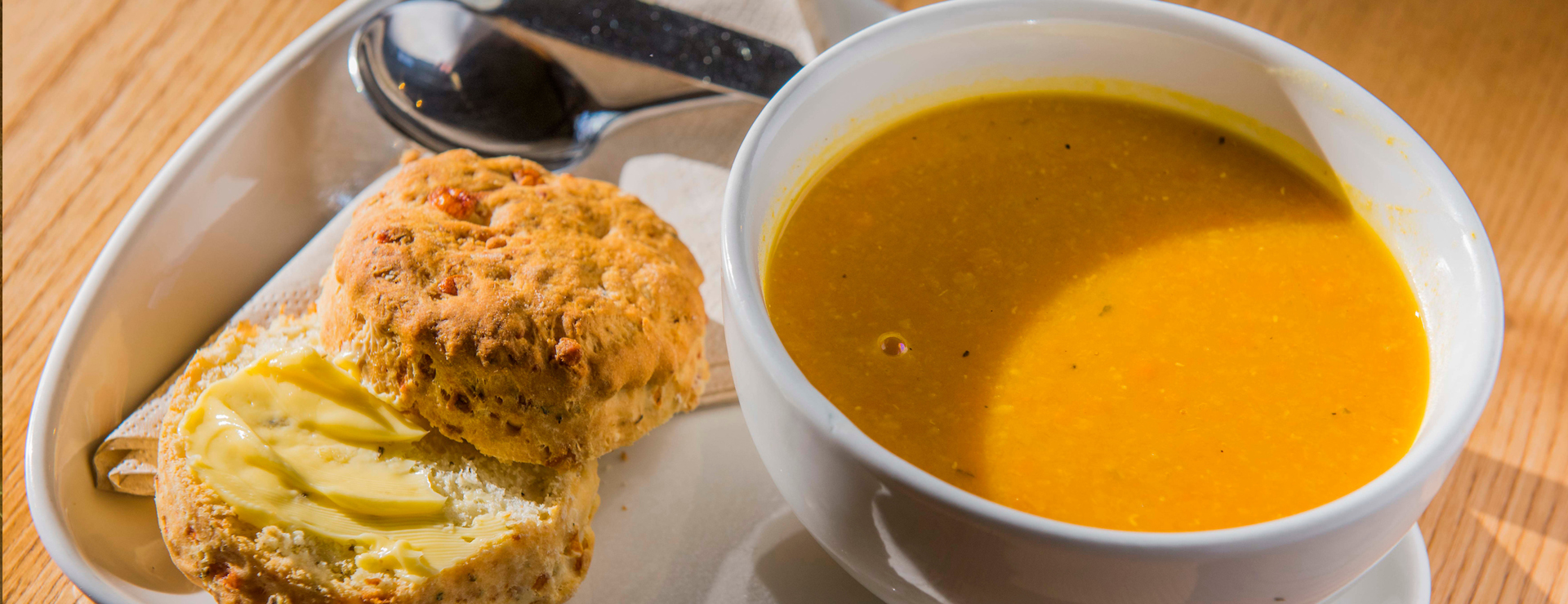 Soup and cheese scone, at Dewar's Aberfeldy Distillery, for the nicest cafe lunch Aberfeldy has to offer